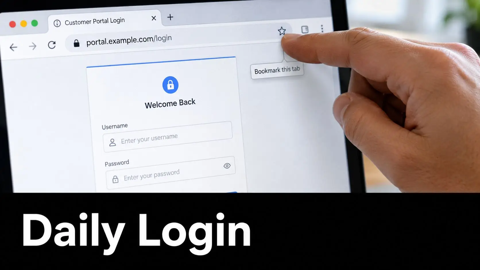 A hand hovering over a web browser bookmark icon on a digital portal login page screen.