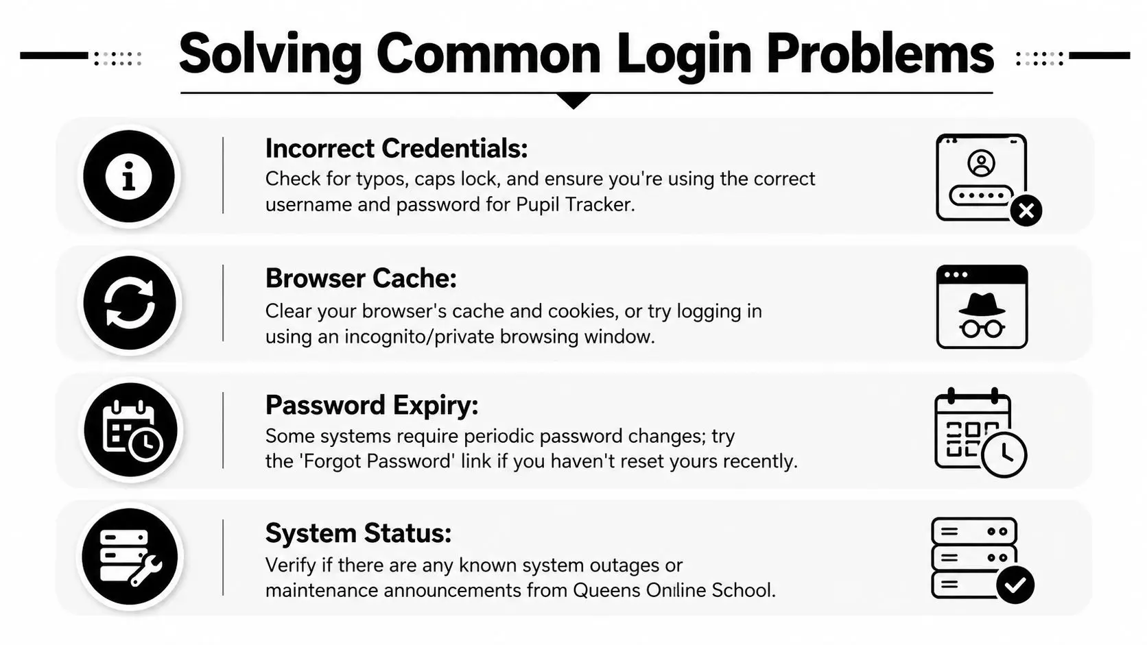 A helpful guide illustrating four common steps to resolve login issues for the Pupil Tracker system.