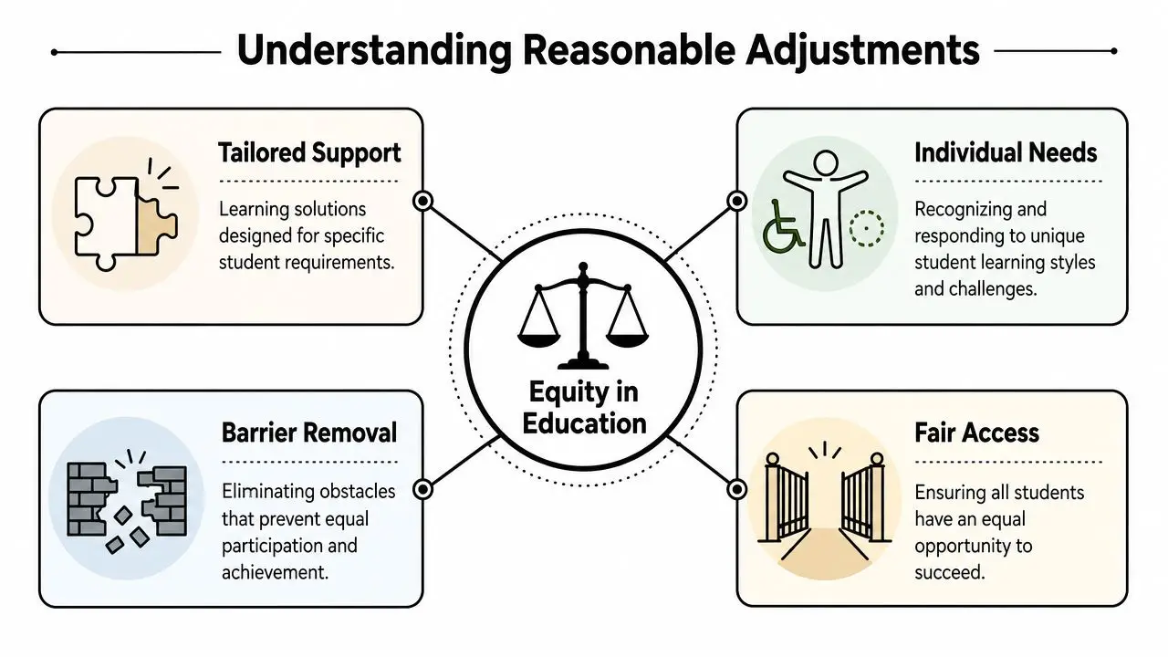 An infographic titled Understanding Reasonable Adjustments showing four key concepts for equity in education.