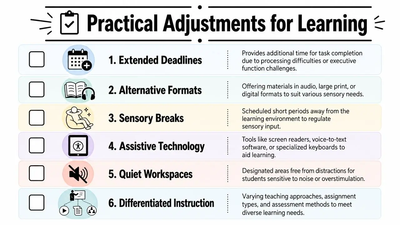 An infographic titled Practical Adjustments for Learning listing six strategies like extended deadlines and quiet workspaces.