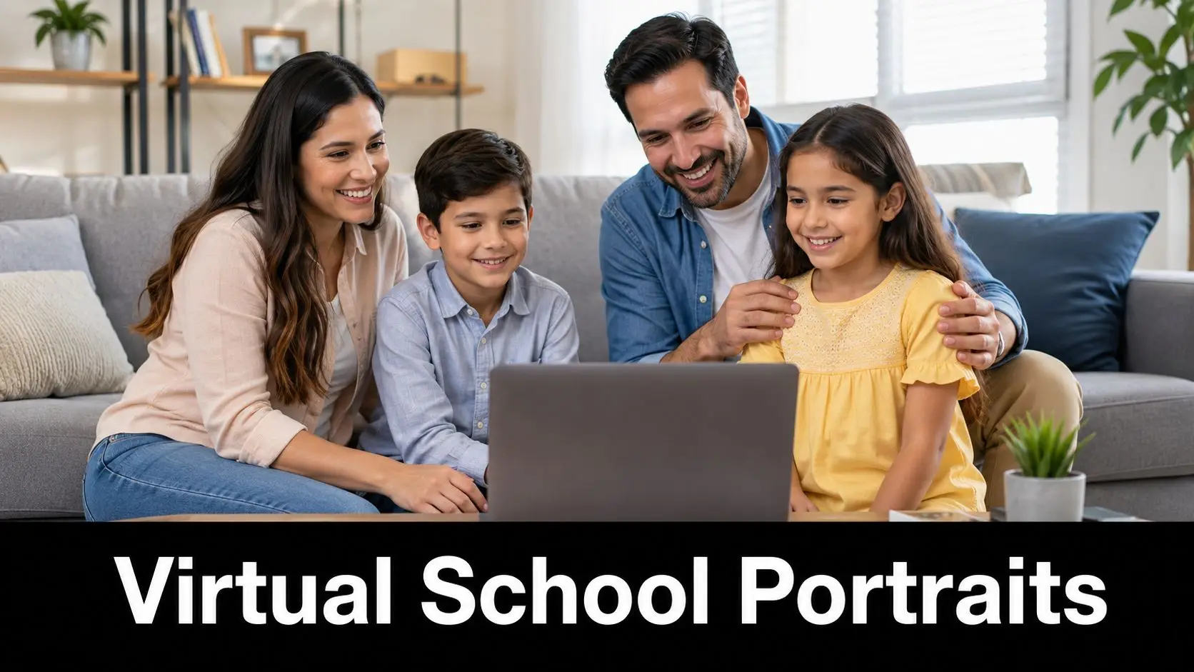 A happy family of four looking at a laptop computer together in a brightly lit living room.