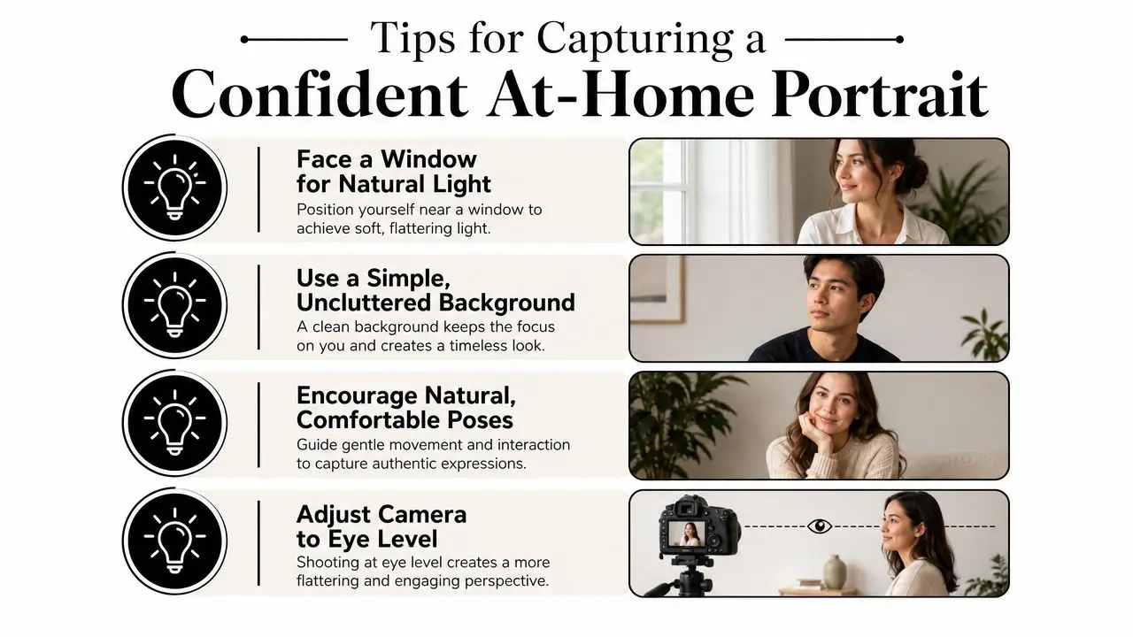 An infographic titled Tips for Capturing a Confident At-Home Portrait with four photo tips and examples.
