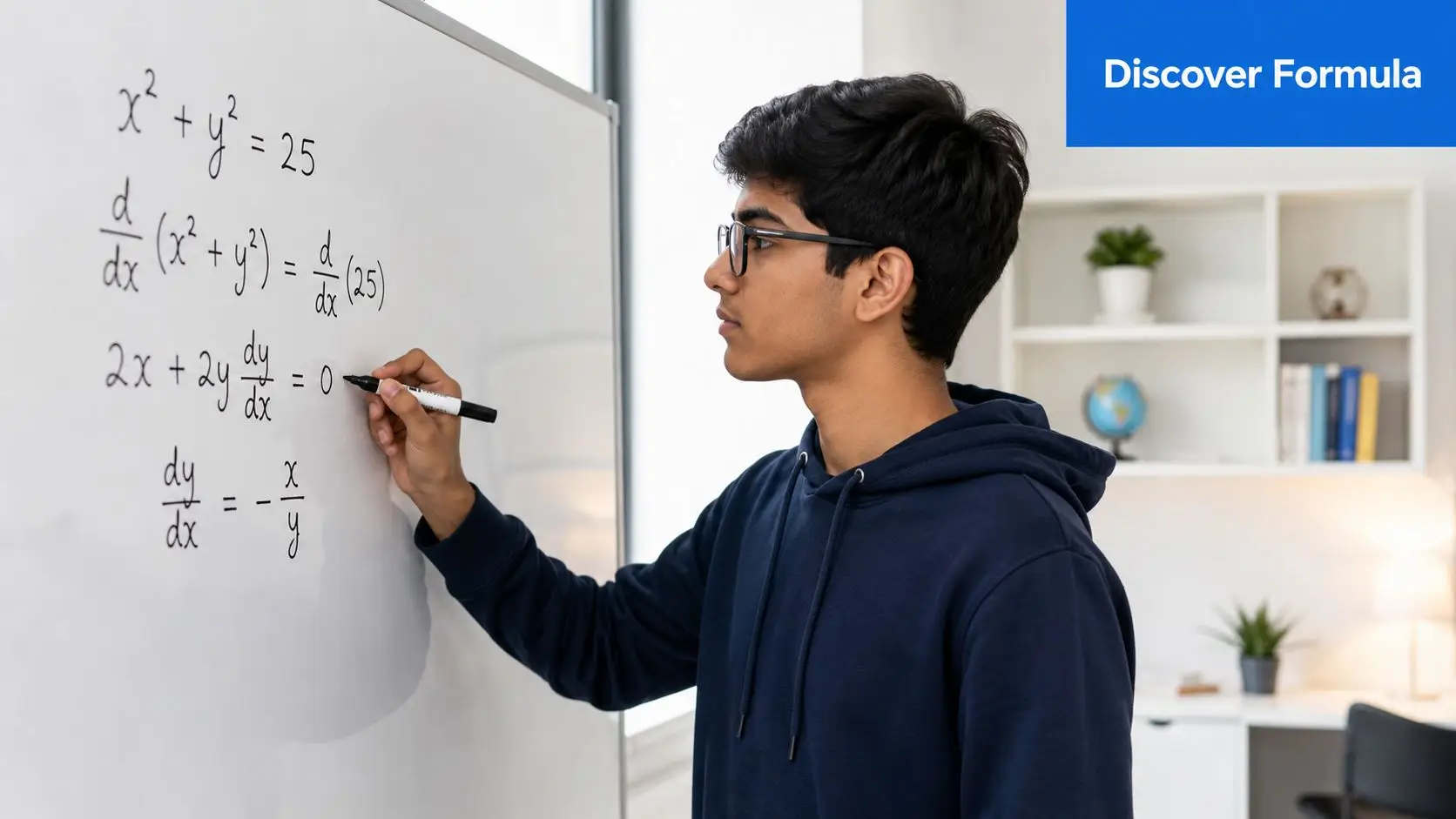 A male student in a blue hoodie solving a calculus derivative problem on a classroom whiteboard.