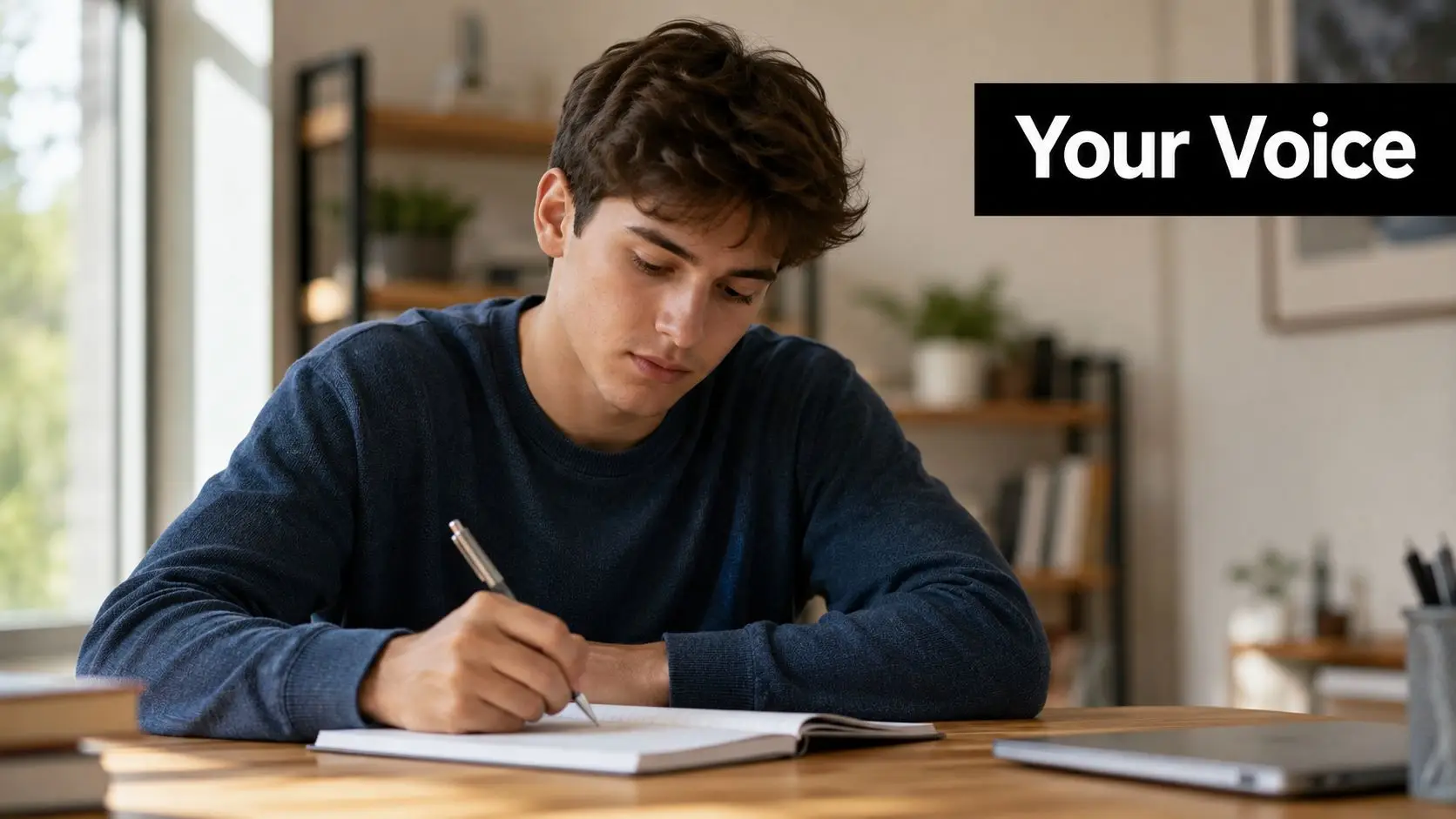 A young man sitting at a desk and focusing intently while writing in a notebook.