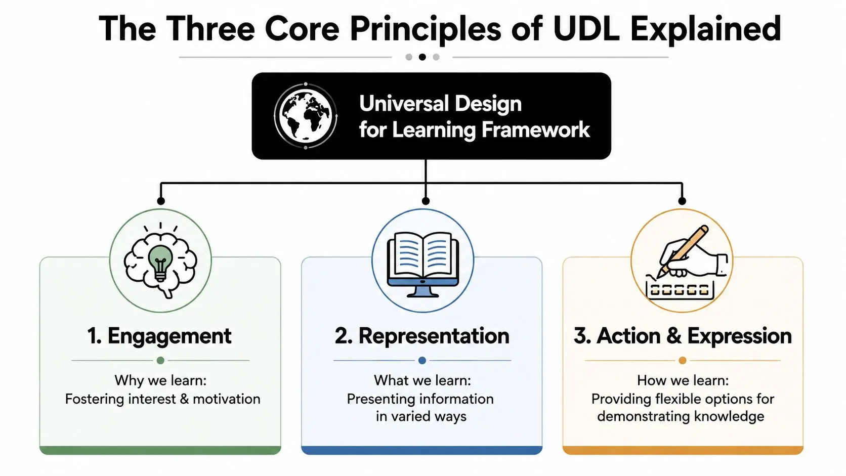 A diagram outlining the three core principles of the Universal Design for Learning framework: Engagement, Representation, and Action.