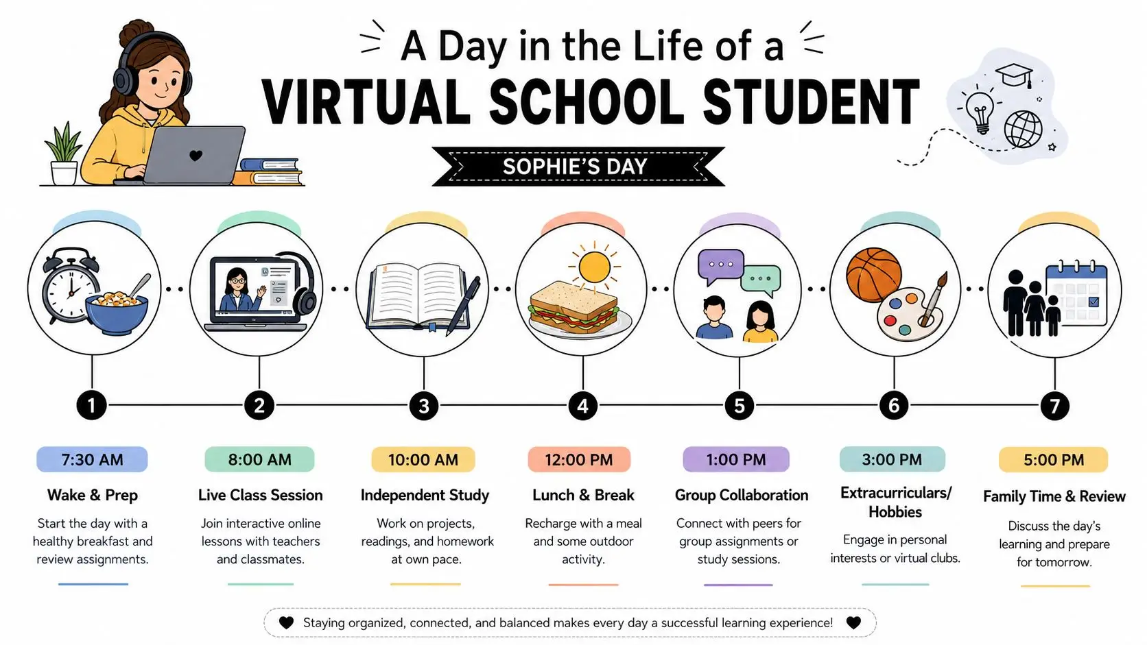 An infographic detailing a daily schedule for a virtual school student, including study and leisure activities.