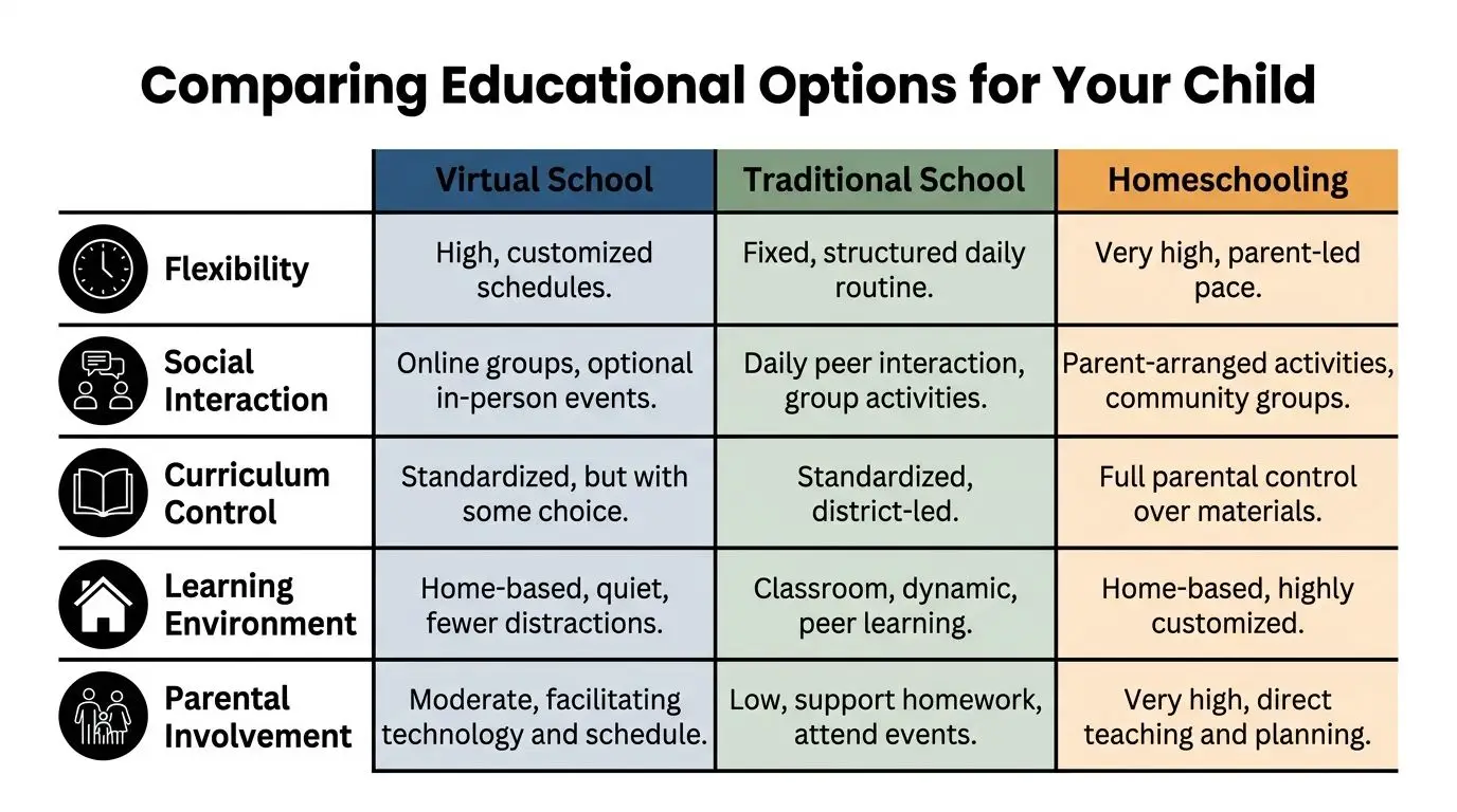A comparison chart highlighting the differences between virtual school, traditional school, and homeschooling educational options.