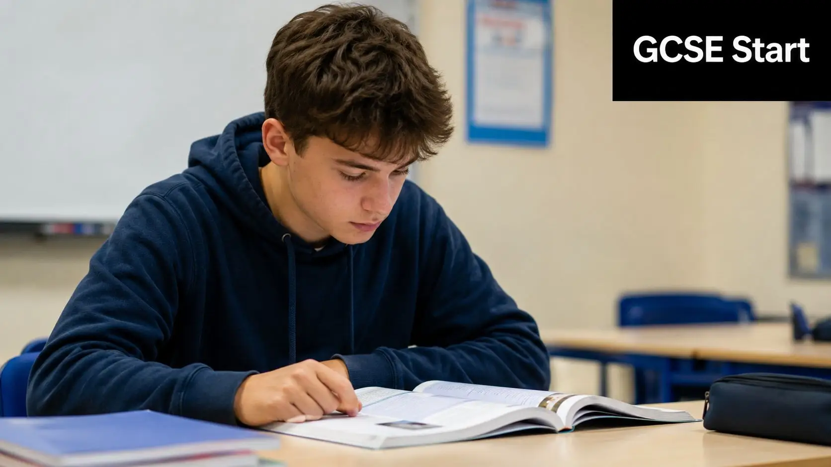 A focused male student in a dark hoodie studying from an open textbook at his desk.