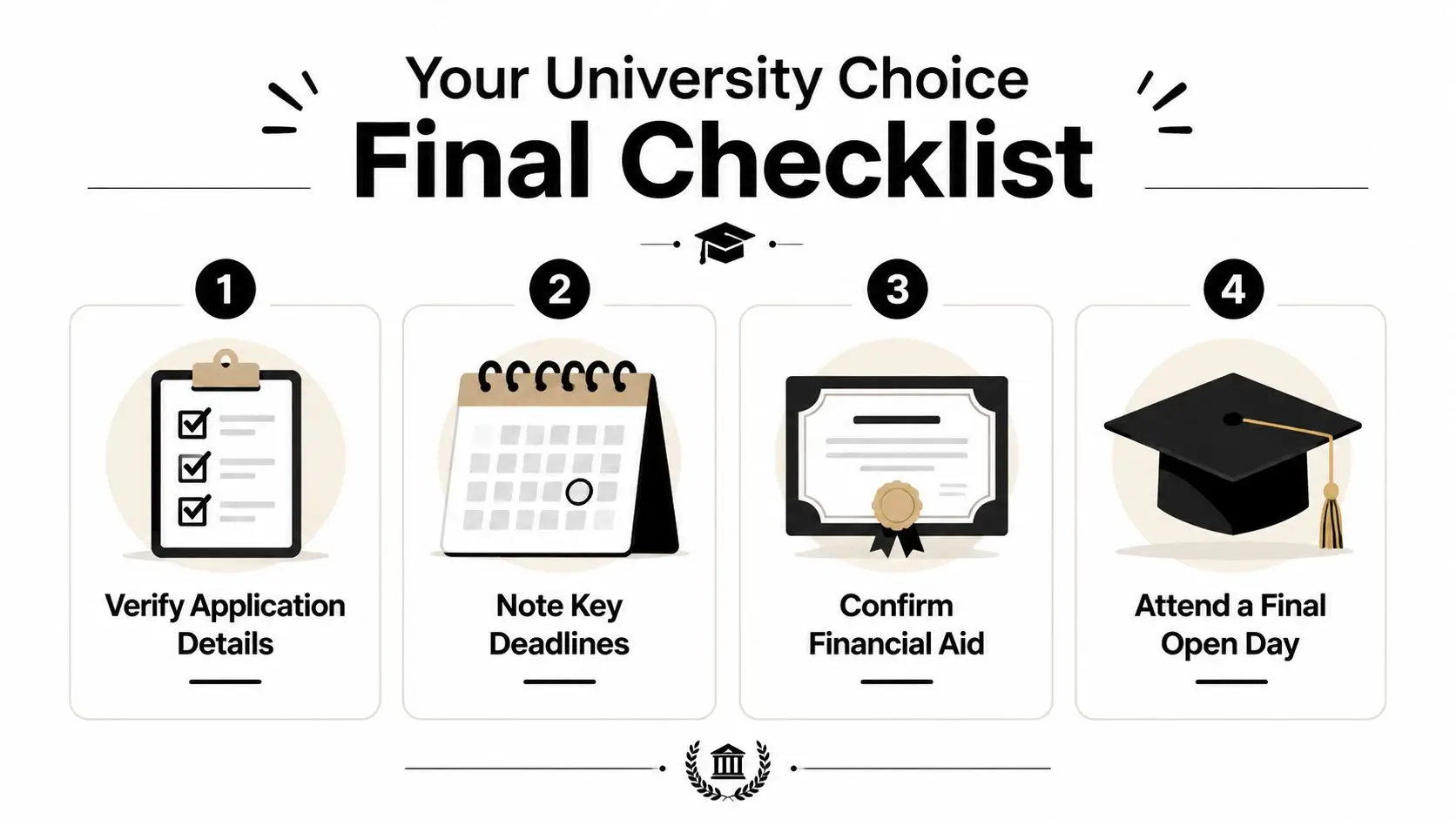 A checklist infographic titled Your University Choice Final Checklist detailing four important steps for prospective students.