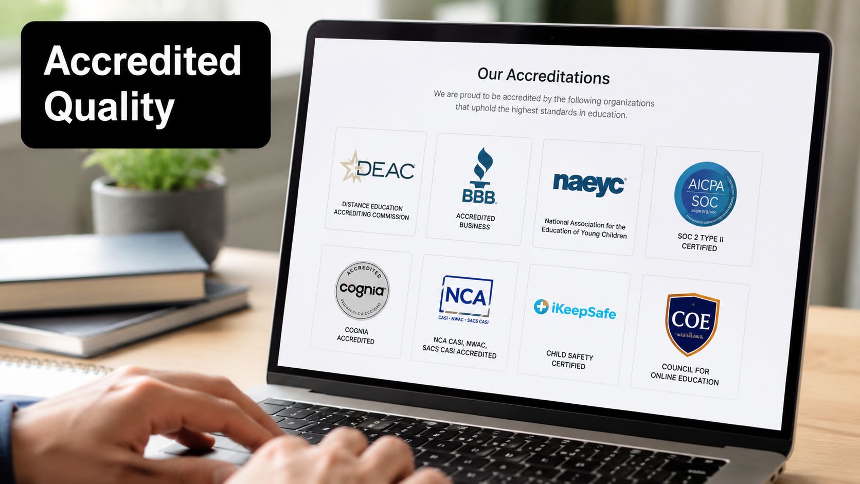 A laptop screen displaying various accreditation logos and certifications for online education standards on a desk.