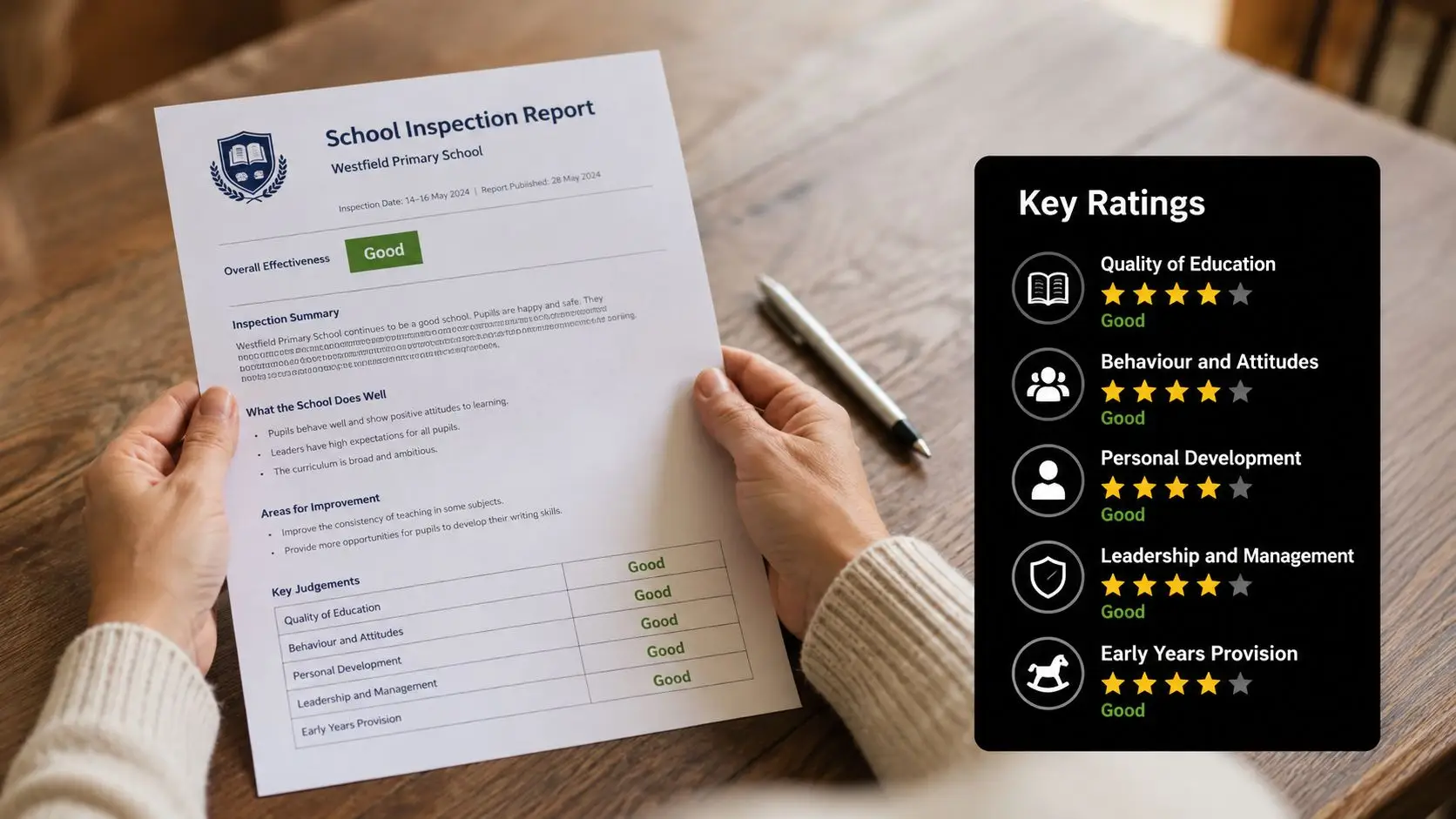 A person holds a school inspection report document highlighting the good performance ratings of Westfield Primary School.