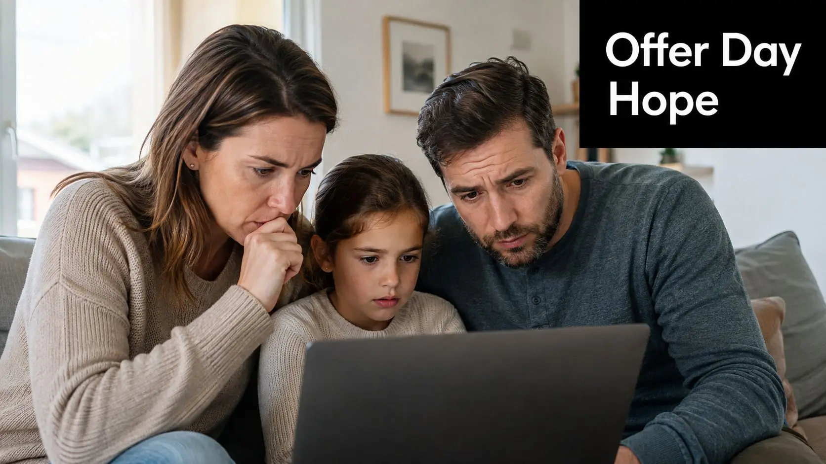 A concerned family of three looking anxiously at a laptop screen together in their living room.