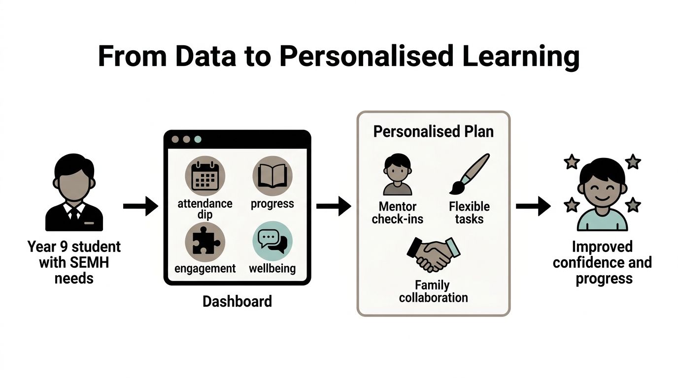 A diagram illustrating how data from a student dashboard leads to a personalized learning plan and improved outcomes.