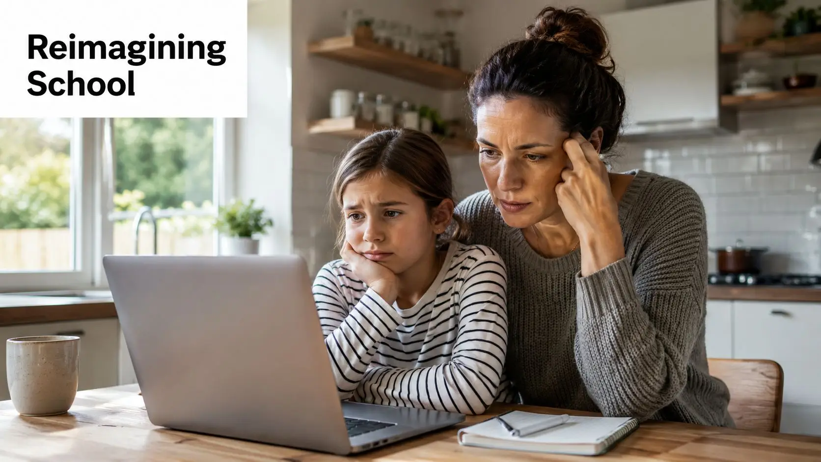 A concerned mother and daughter sit at a wooden table looking stressed while using a laptop.