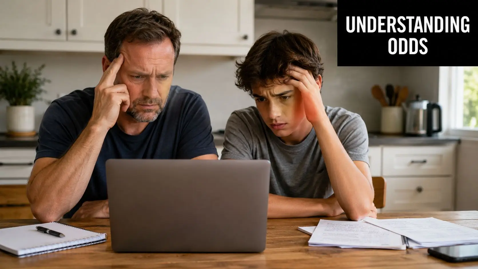 A concerned father and son sitting at a wooden table looking stressed at a laptop screen together.
