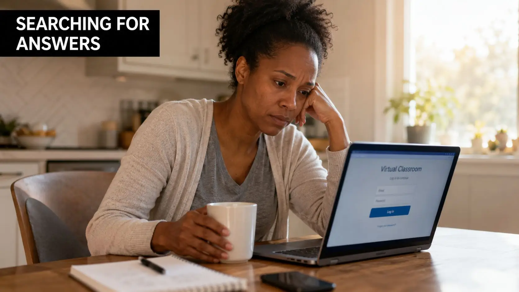 A frustrated woman looking at a virtual classroom login screen on her laptop while holding a mug.