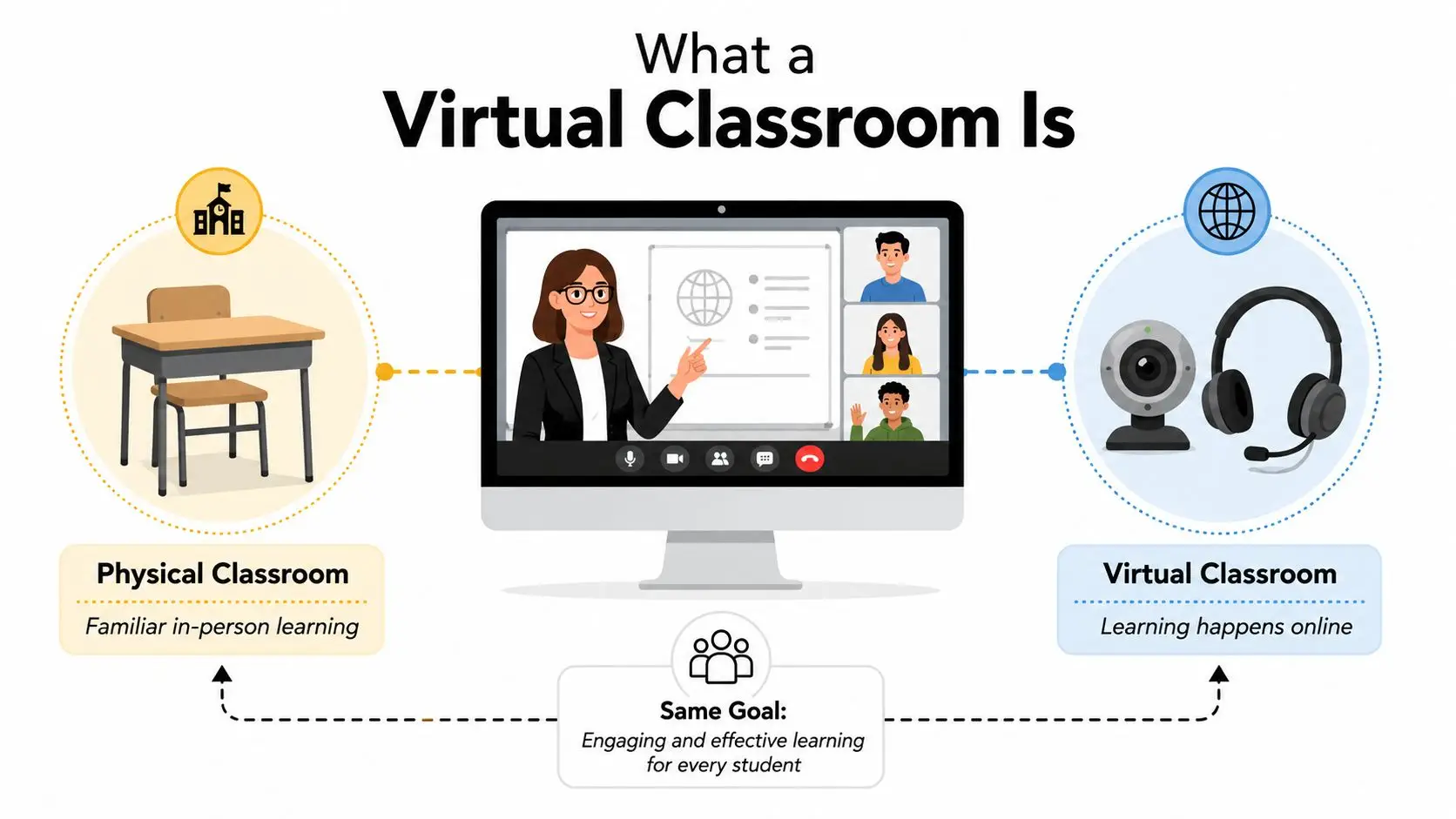 A diagram comparing a traditional physical classroom with a virtual classroom for online learning environments.