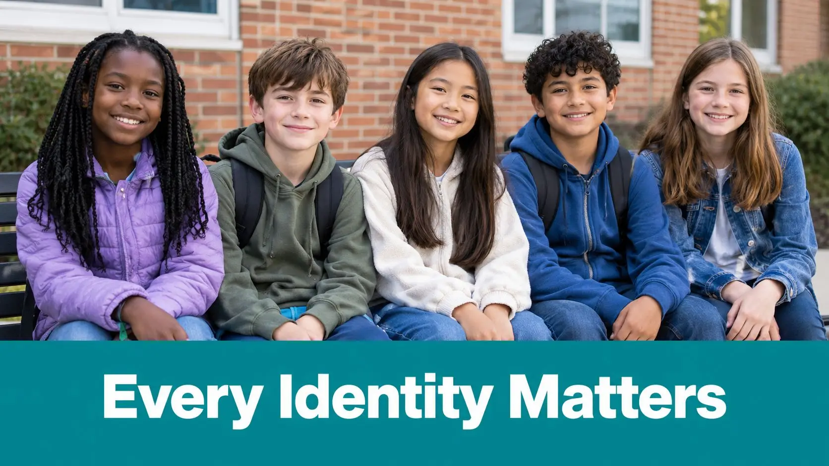 A diverse group of five smiling middle school students sitting on a bench together outside.