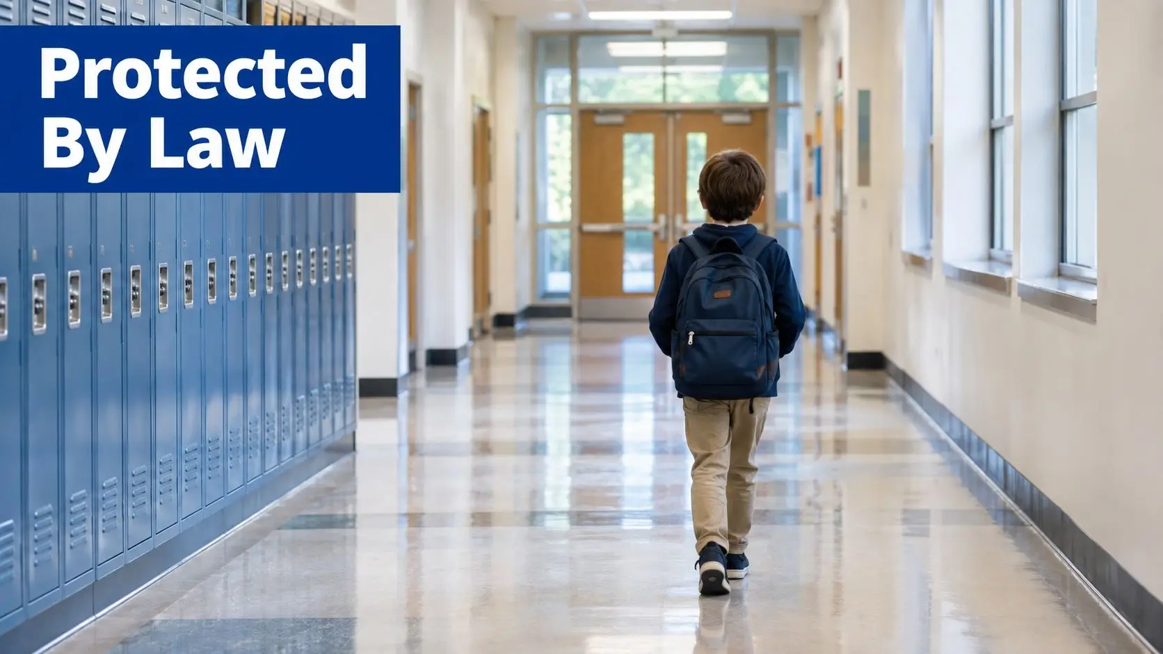 A student wearing a backpack walks down a school hallway towards a door in the distance.