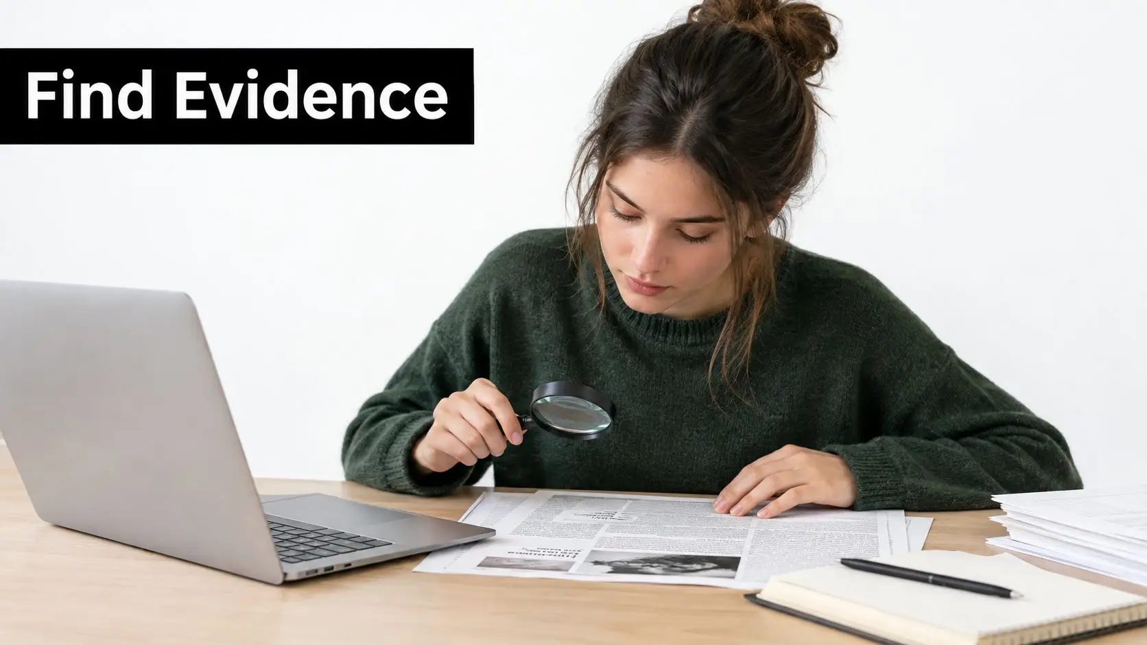 A focused young woman examining a newspaper document with a magnifying glass at her desk.