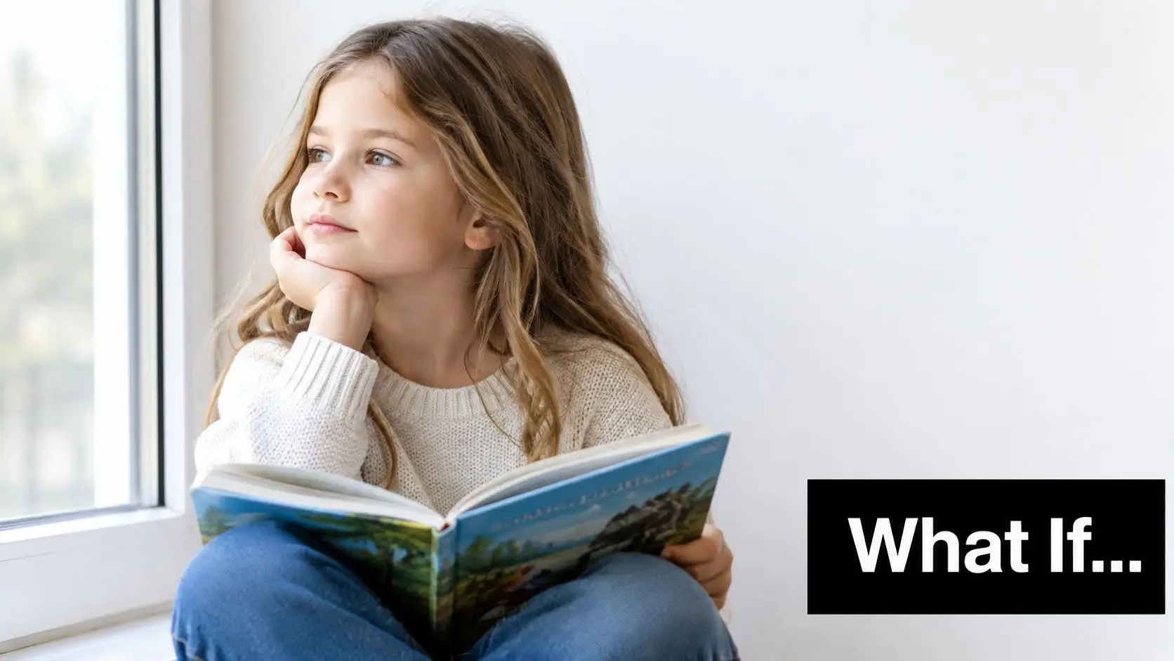 A young girl with long hair sits by a window, thoughtfully reading an open book.