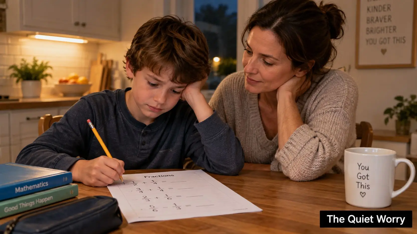 A concerned mother watching her young son as he struggles to complete a fraction math worksheet.