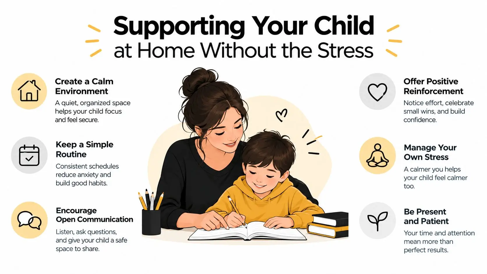 A mother helping her son with schoolwork, illustrating tips for supporting children at home without stress.