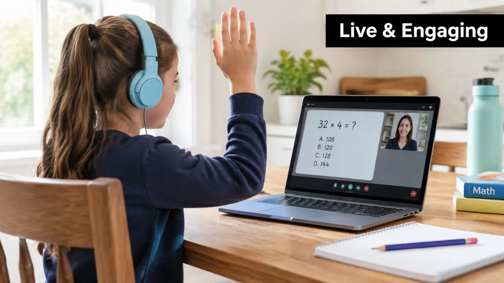 A young girl with headphones raises her hand during an interactive online math class on her laptop.