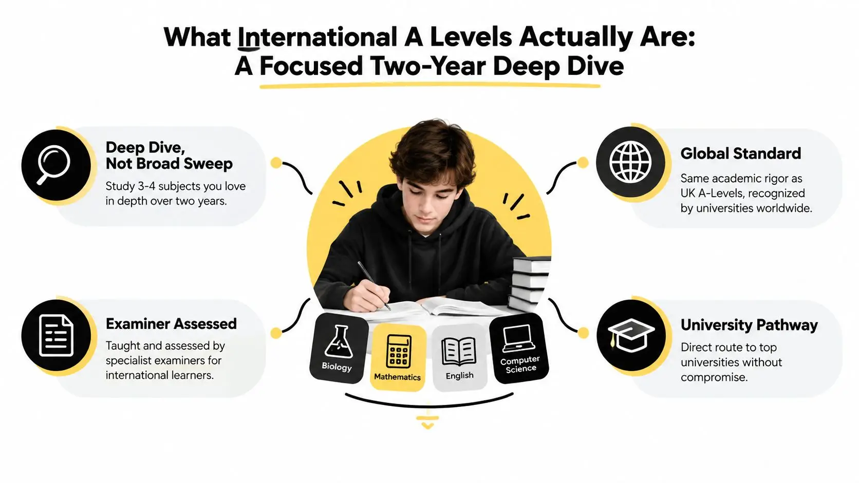 A student studying for International A Levels, highlighting key academic features and university preparation benefits.