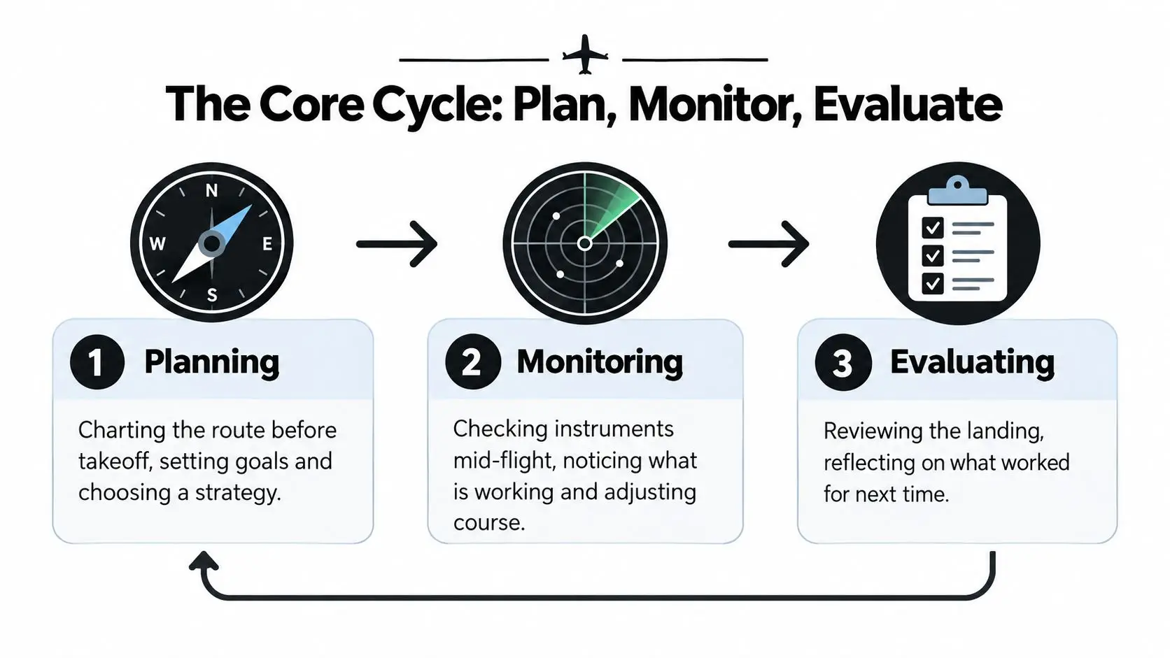 A diagram illustrating the metacognitive process through three stages: Planning, Monitoring, and Evaluating, represented with icons.