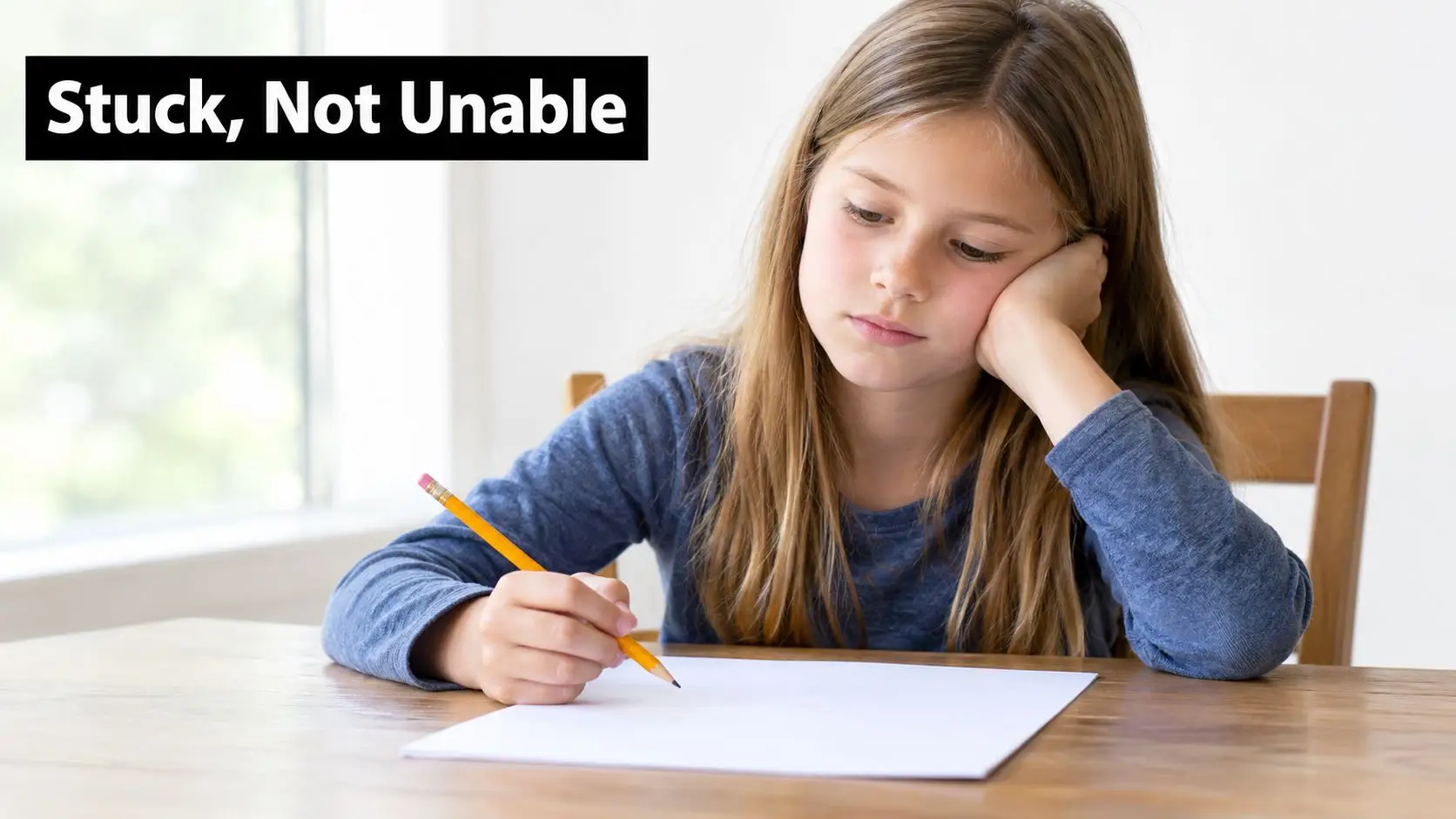 A young girl with long blonde hair sits at a wooden table looking frustrated while holding a pencil.