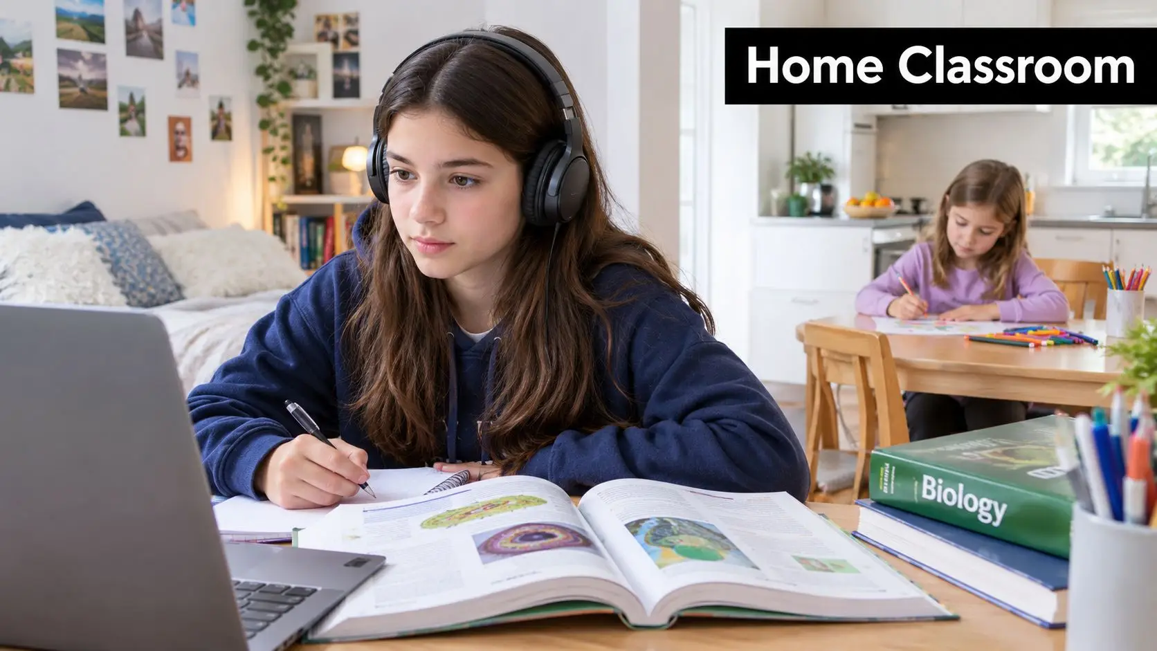 A young girl with headphones studying biology at home while another child works on crafts nearby.