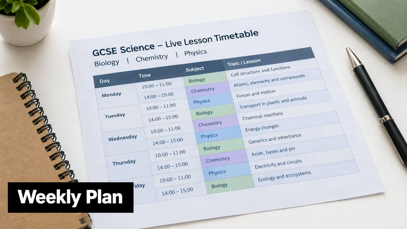A weekly GCSE science live lesson timetable featuring biology, chemistry, and physics topics on a white paper.