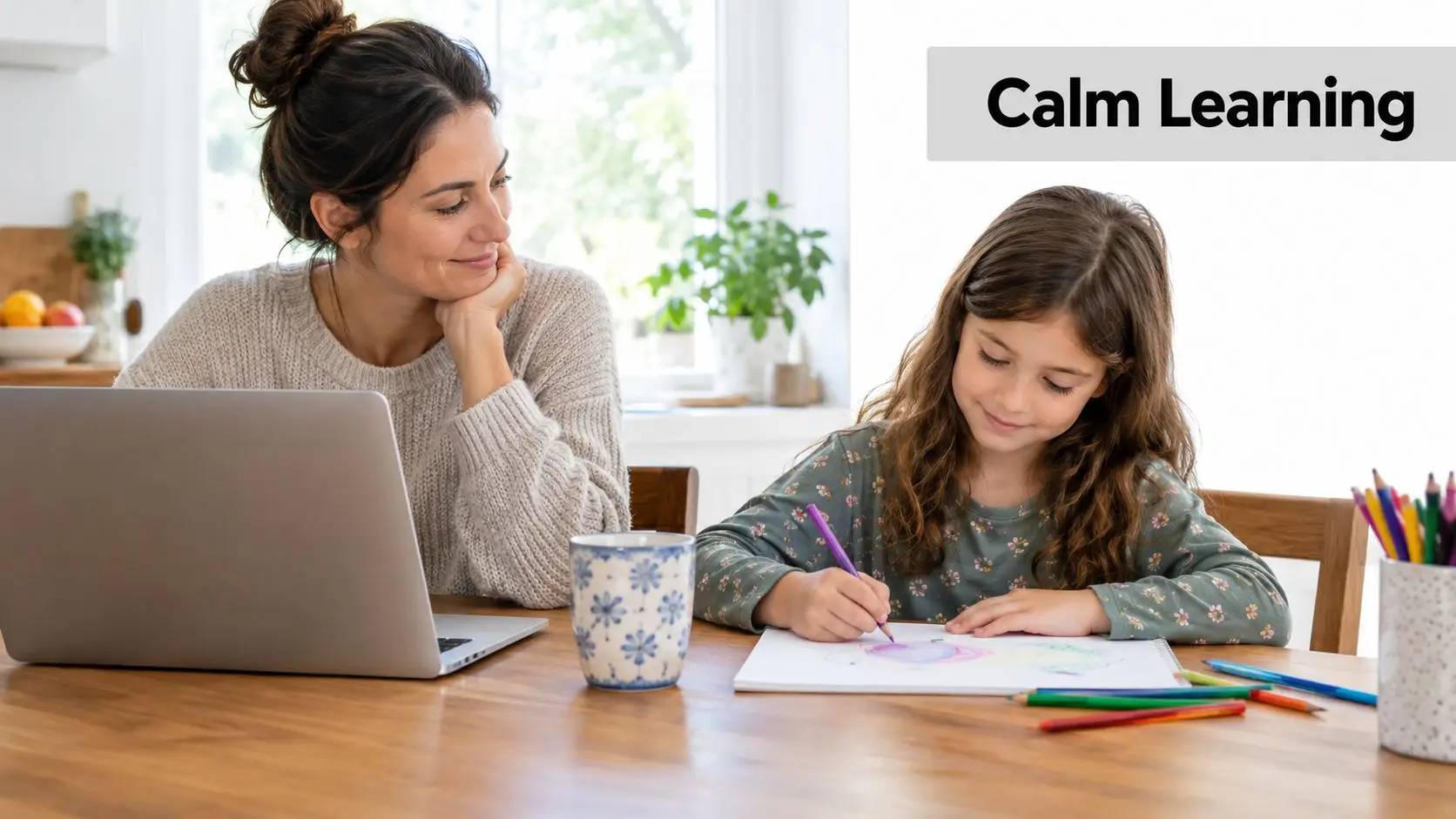 A mother smiles while working on a laptop as her young daughter draws with colored pencils.