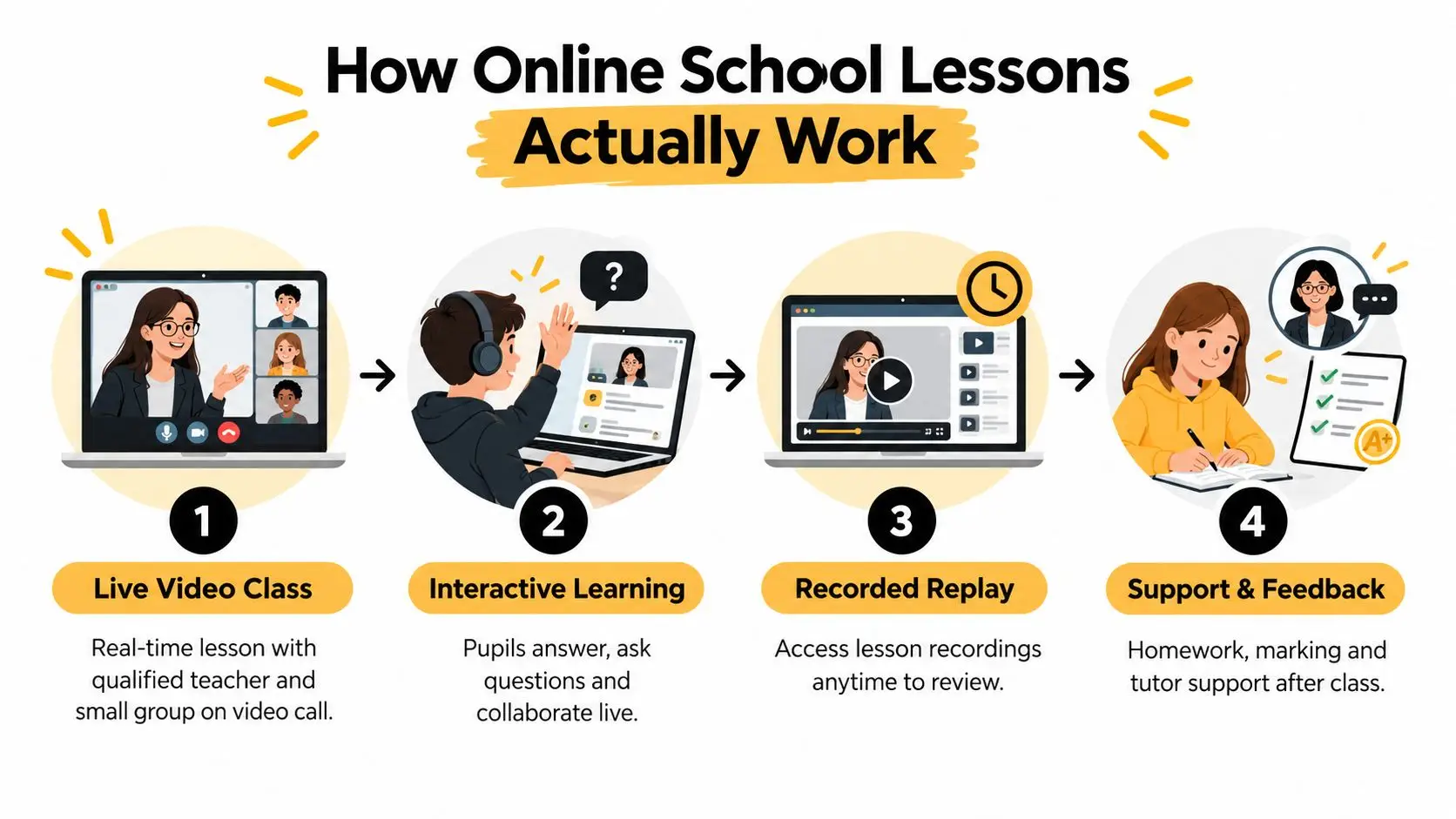 A four-step infographic illustrating how online school lessons work, from live video classes to personalized feedback.