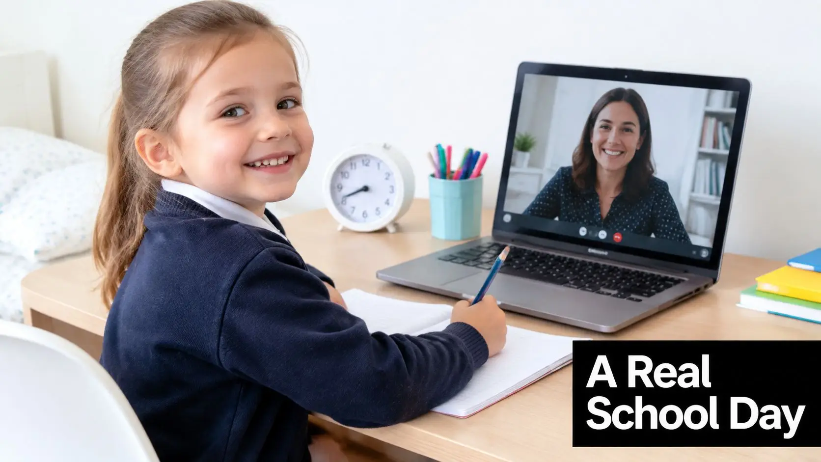 A young girl smiling while participating in an online school lesson on her laptop at home.