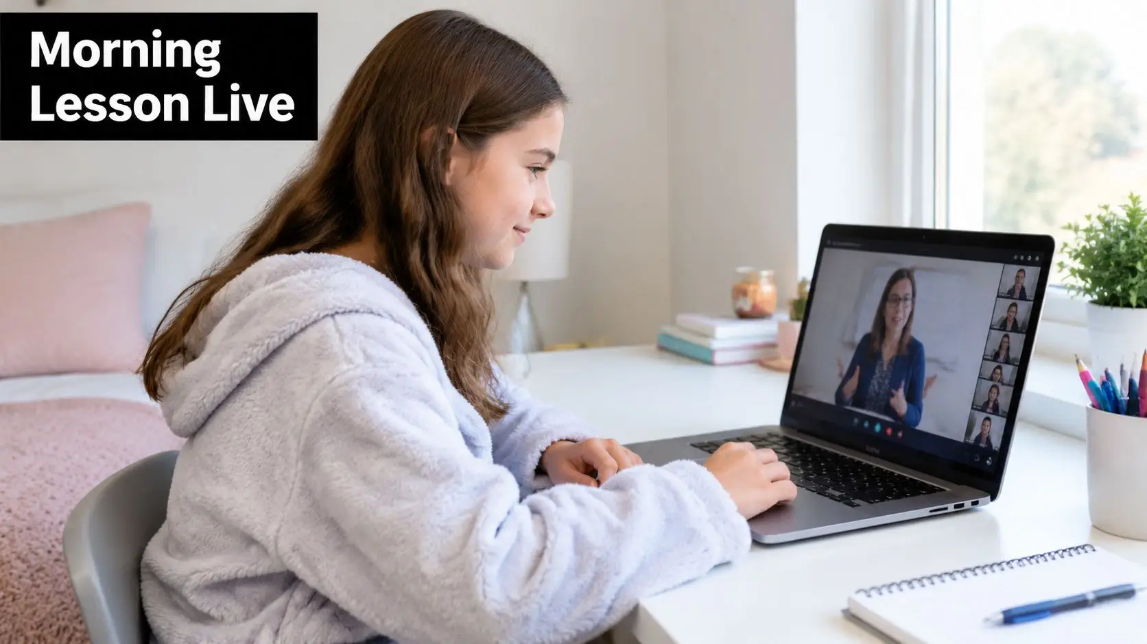 A young girl with long brown hair wearing a cozy hoodie attending an online school lesson remotely.
