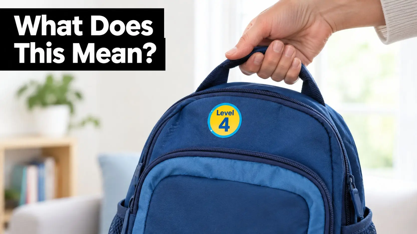 A hand holds a blue school backpack featuring a yellow sticker that indicates a Level 4 reading level.