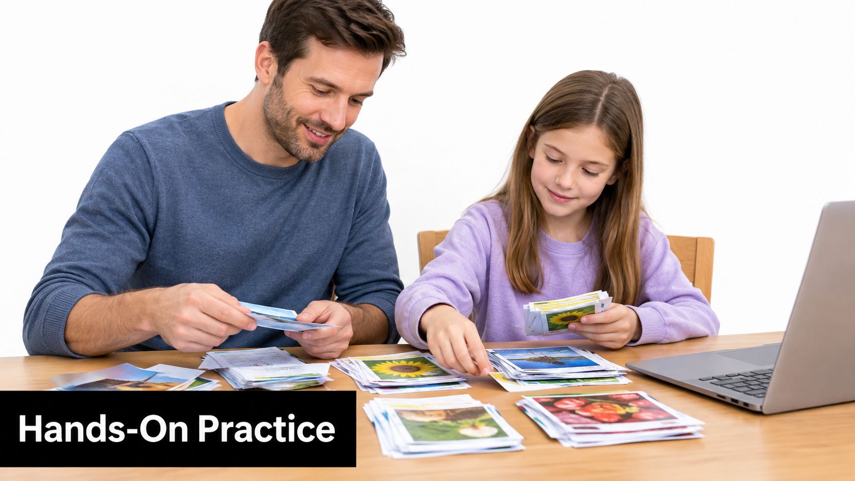 A father and daughter sitting at a table studying educational picture cards while using a laptop computer.