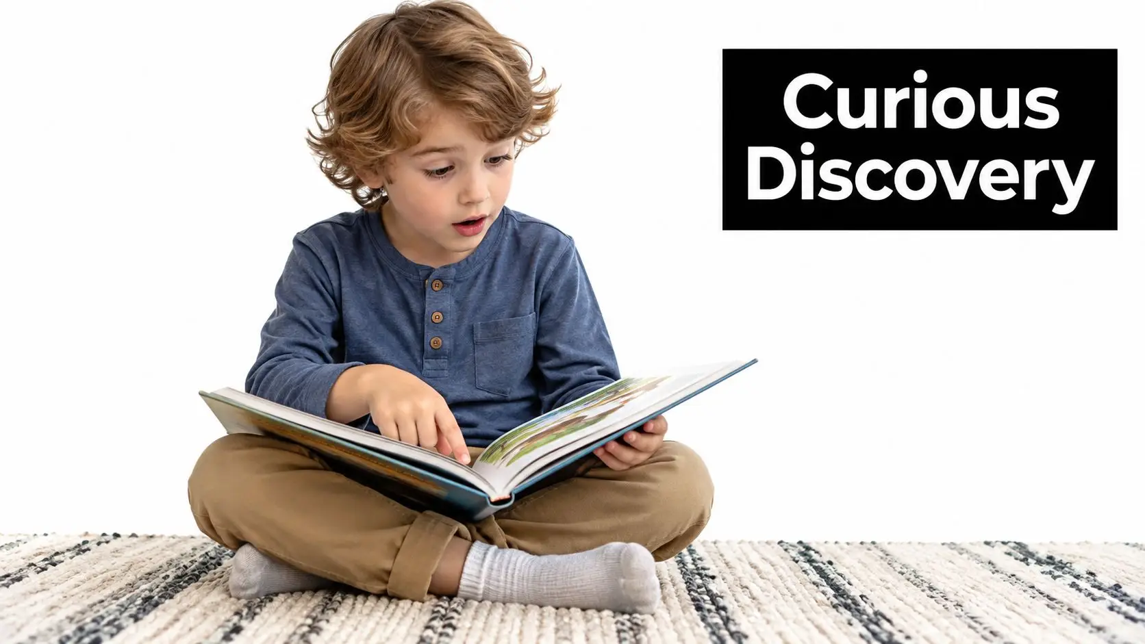A young boy with curly hair sitting on a rug and reading a book with an amazed expression.