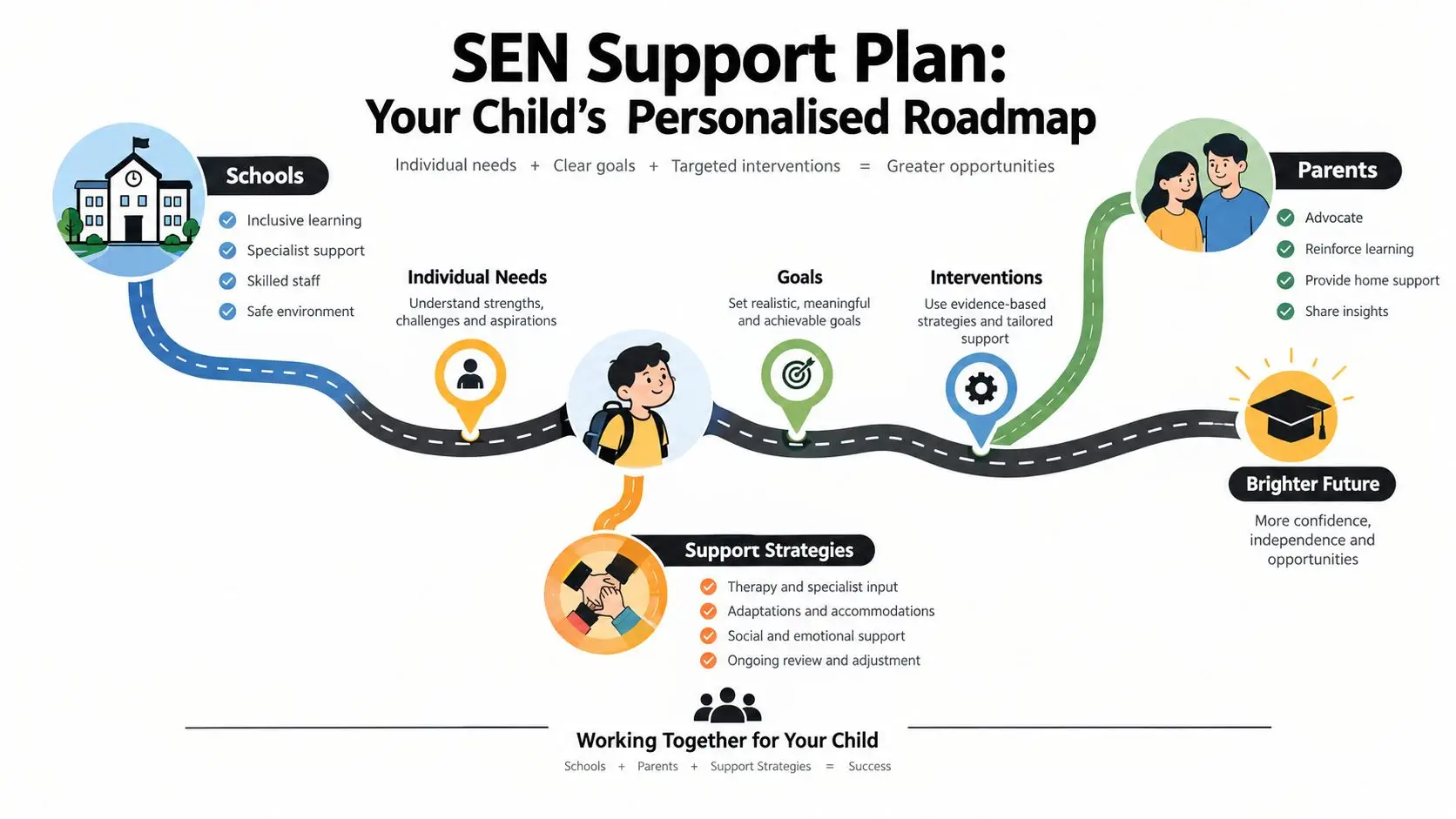 An infographic titled SEN Support Plan illustrating the roadmap for child development through school and parental collaboration.