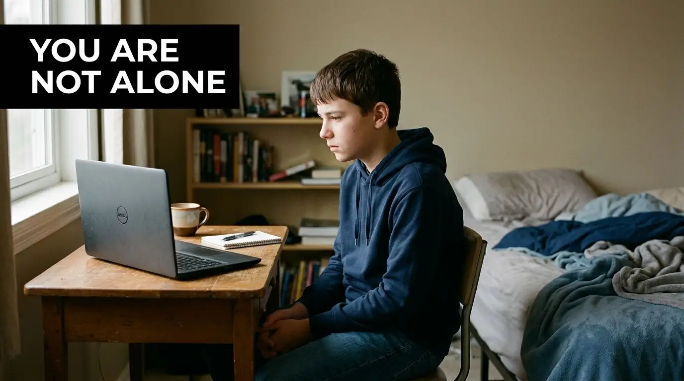 A young boy sits at a wooden desk, looking thoughtfully at his open laptop in his bedroom.