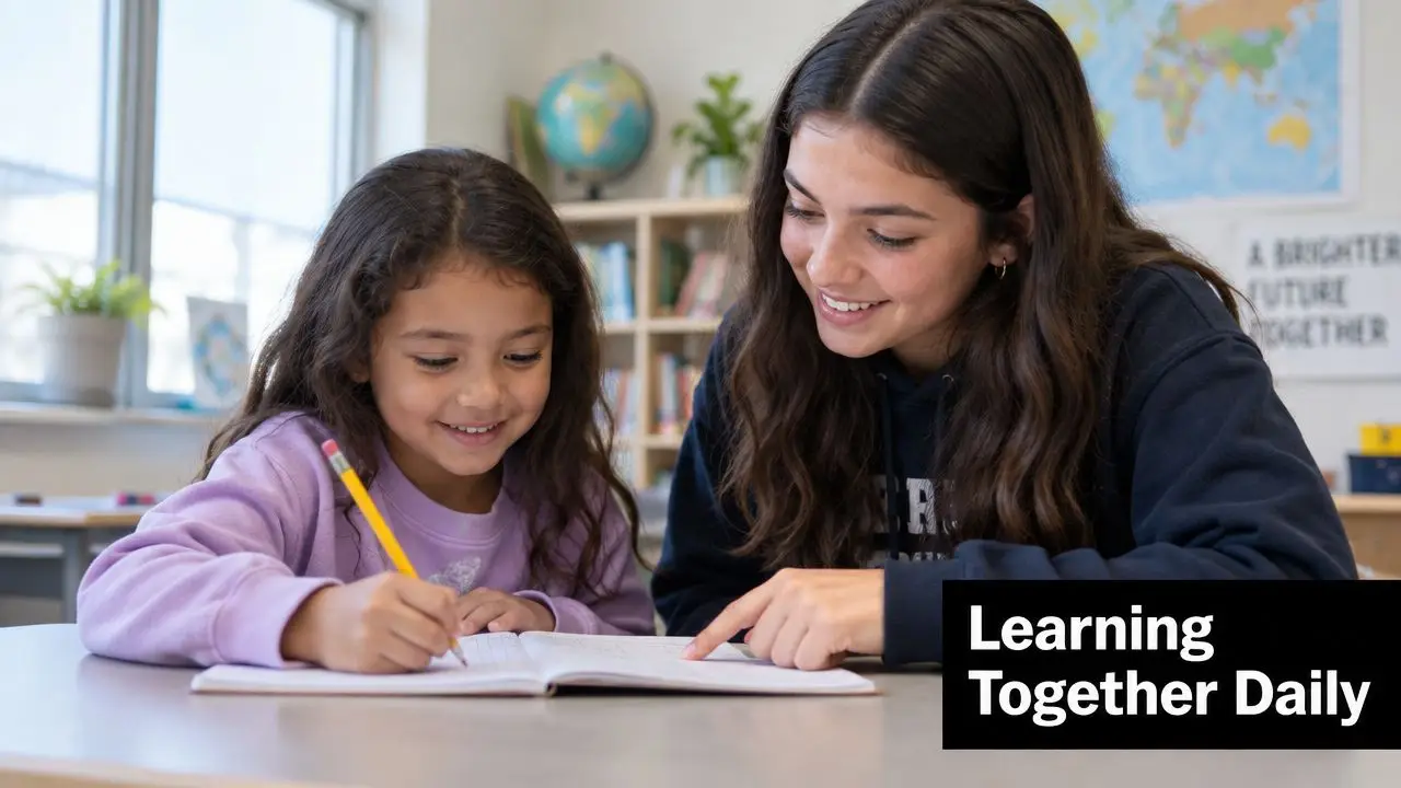 A young female tutor helps a young girl with her schoolwork in a bright, modern classroom setting.