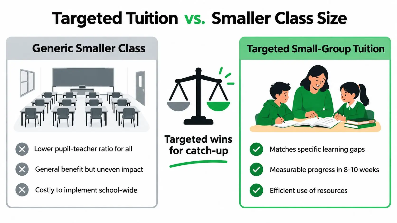 An infographic comparing generic smaller classes with targeted small-group tuition for academic catch-up and resource efficiency.