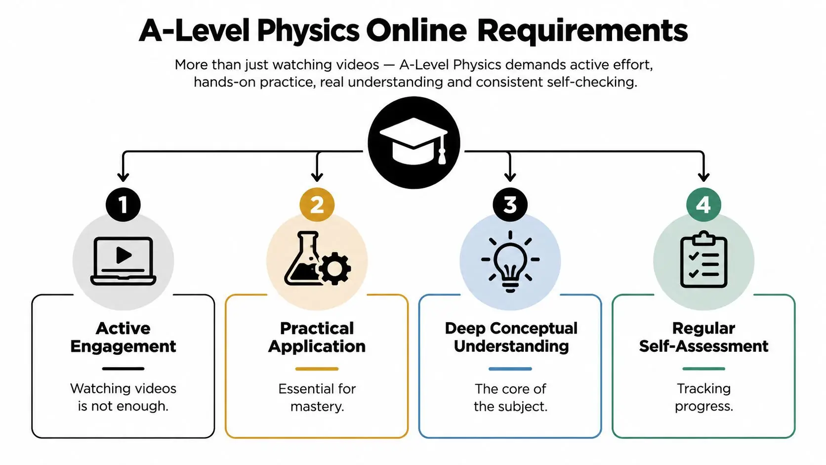 A flow chart illustrating four key requirements for success in A-Level physics online learning.