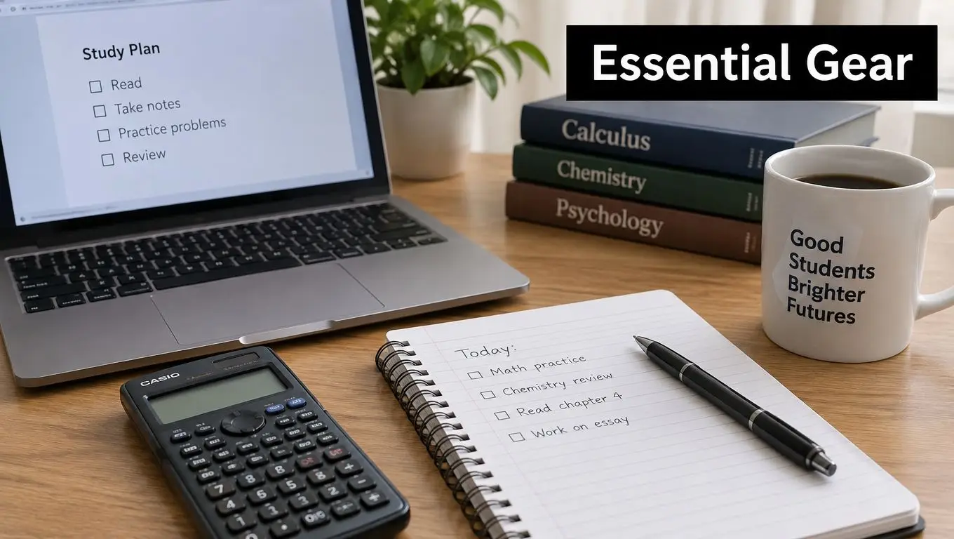 A student's wooden desk with a laptop, textbooks, a calculator, and a to-do list in a notebook.