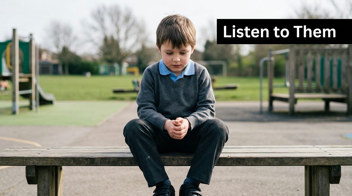 A sad young boy sitting alone on a wooden park bench on a school playground.