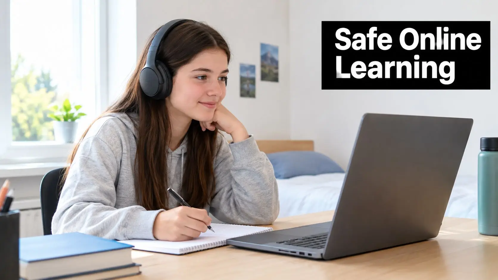 A teenage girl wearing headphones and taking notes while studying on her laptop in her room.