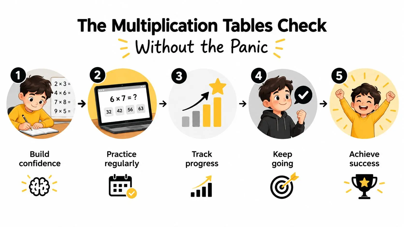 A five-step guide for children to prepare for the multiplication tables check through practice and progress tracking.
