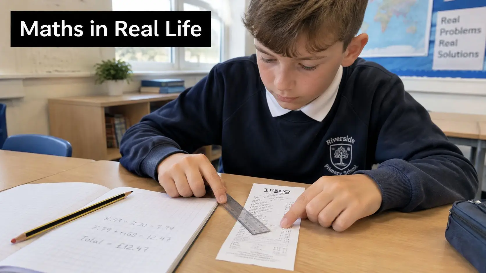 A young boy in a school uniform using a ruler to check a Tesco receipt in a classroom.
